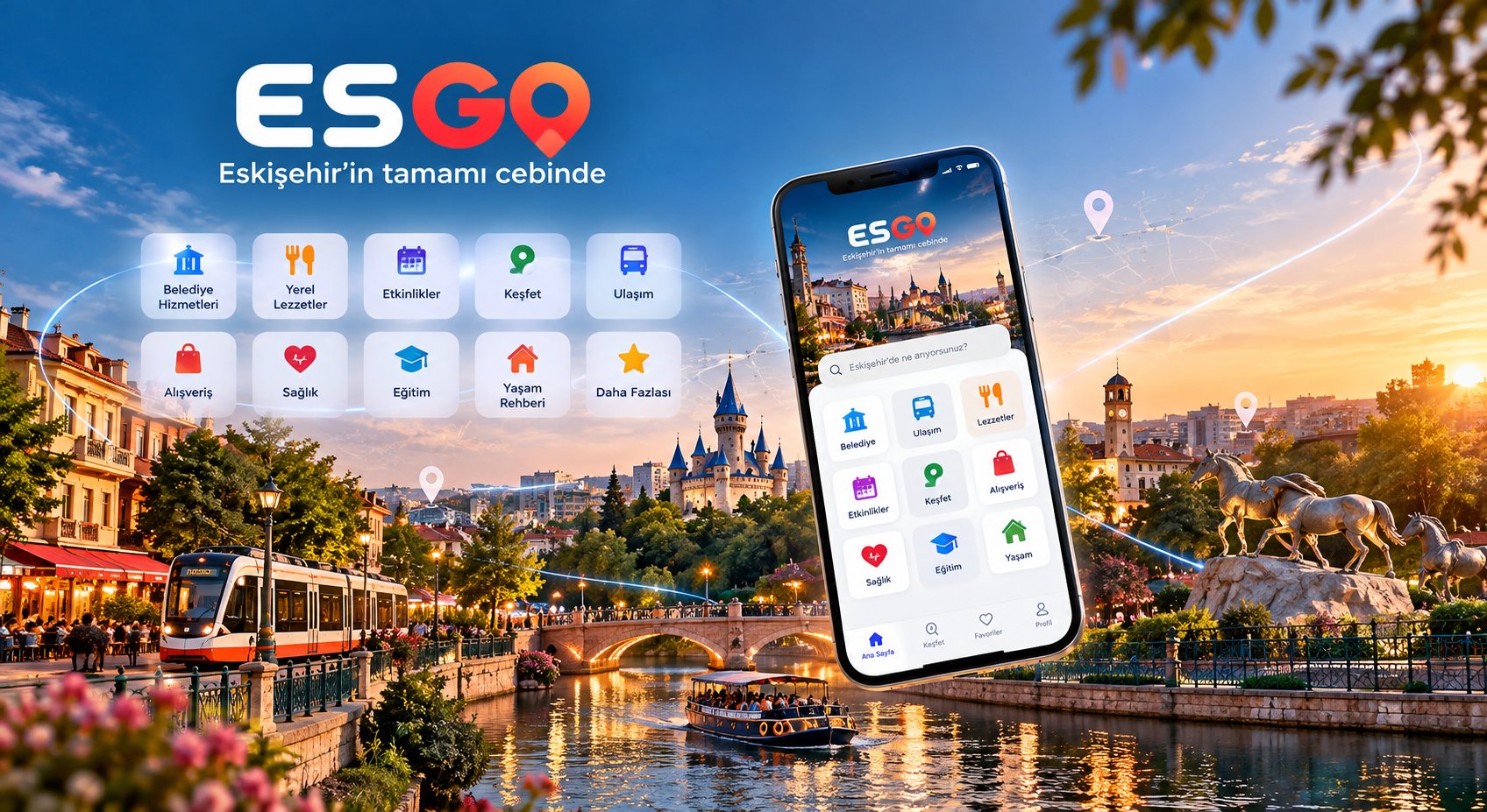 ESGO uygulaması: Eskişehir'in tamamı cebinde. Belediye hizmetleri, yerel lezzetler, etkinlikler, keşfet, ulaşım, alışveriş, sağlık, eğitim ve yaşam rehberi tek uygulamada.